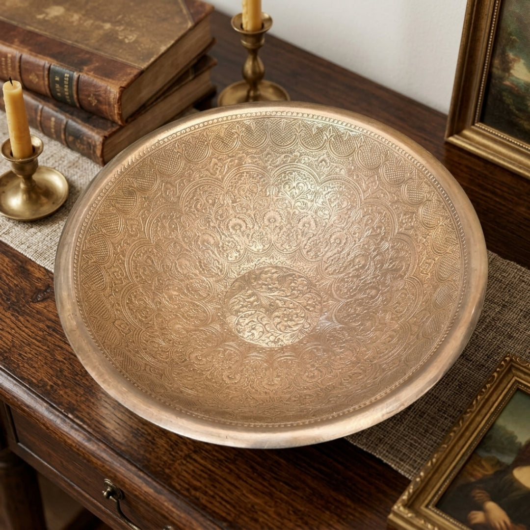 Antique Brass Engraved Pedestal Bowl | Traditional Chased Decorative Fruit Bowl | 1978