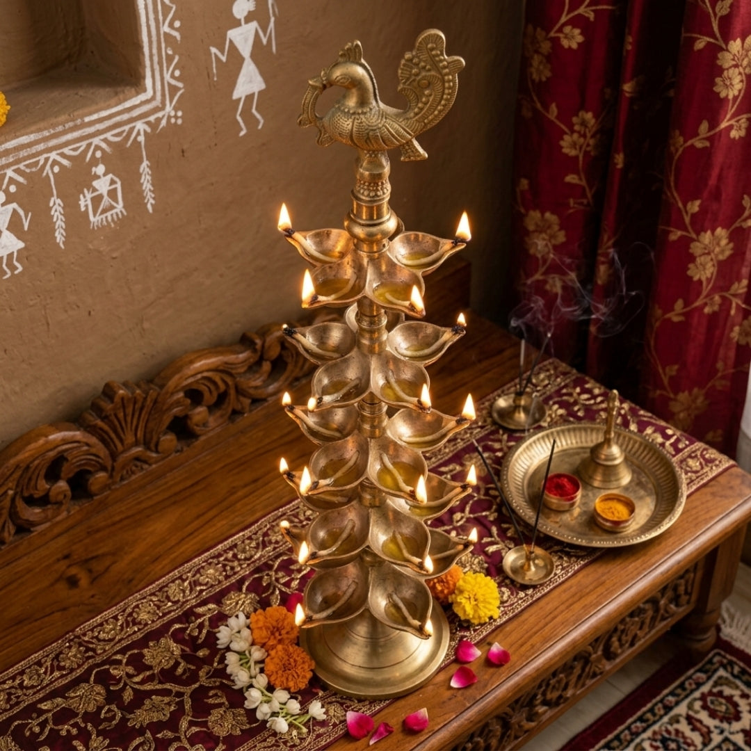 Antique Brass Tiered Samay | Traditional Multi-Tier Oil Lamp with Peacock Top | Made in 1985