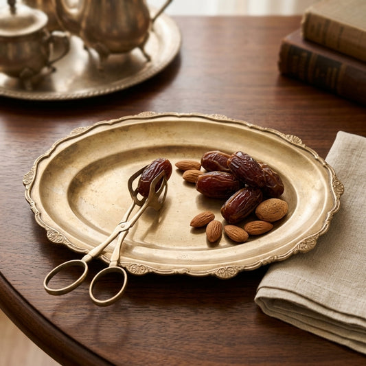 Antique Brass Serving Tray with Tong | Traditional Oval Platter Set | Made in 1976