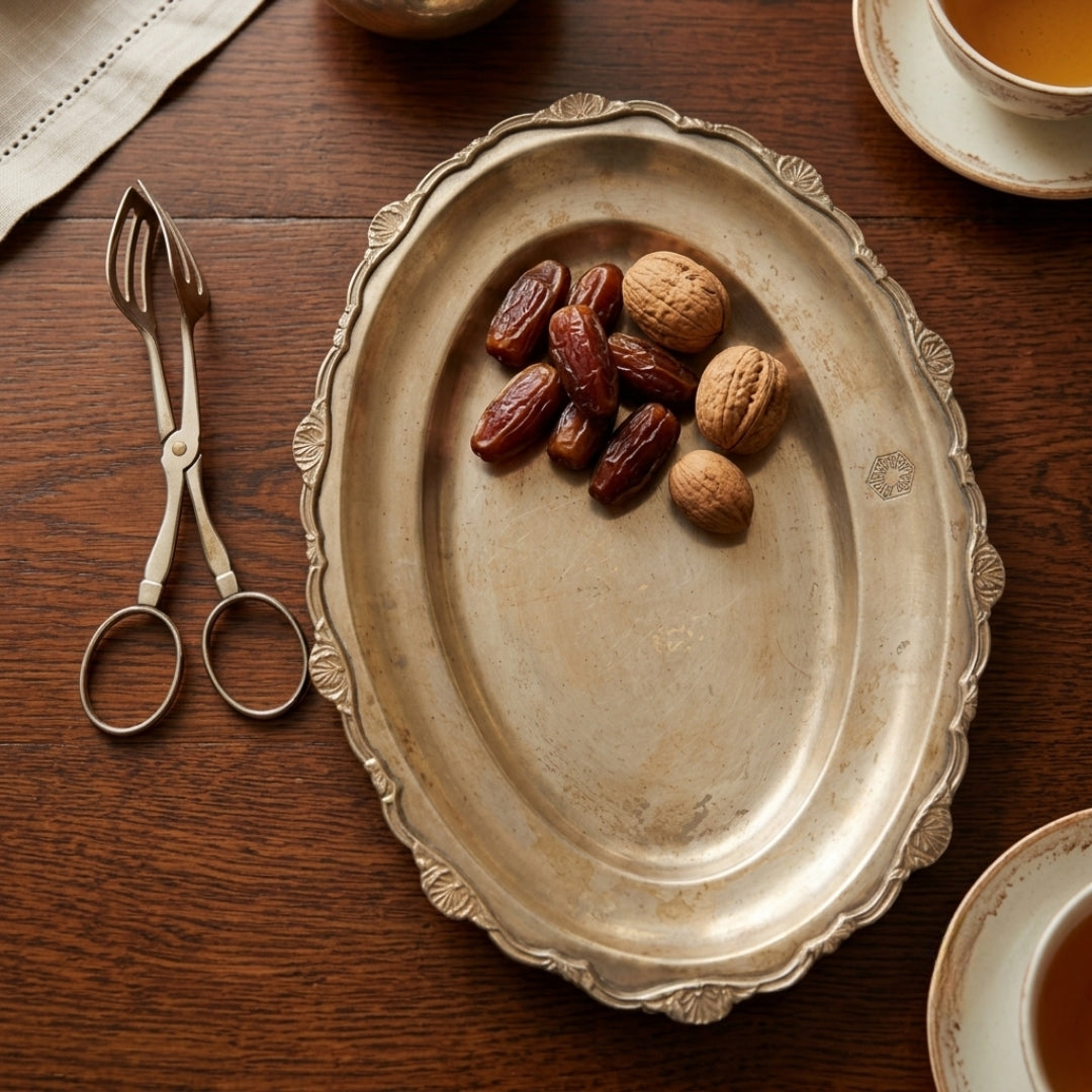 Antique Brass Serving Tray with Tong | Traditional Oval Platter Set | Made in 1976