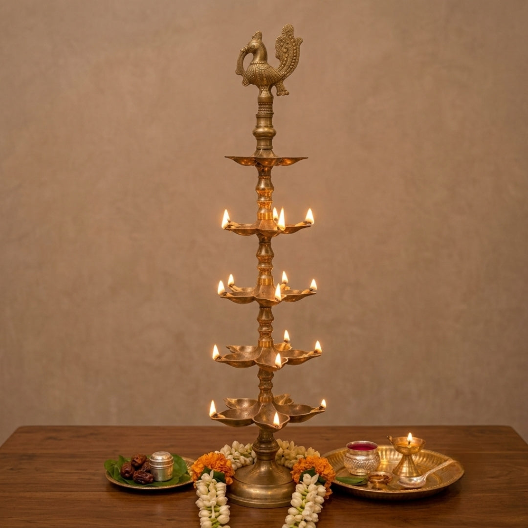 Antique Brass Tiered Samay | Traditional Multi-Tier Oil Lamp with Peacock Top | Made in 1985