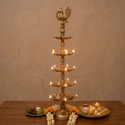 Antique Brass Tiered Samay | Traditional Multi-Tier Oil Lamp with Peacock Top | Made in 1985