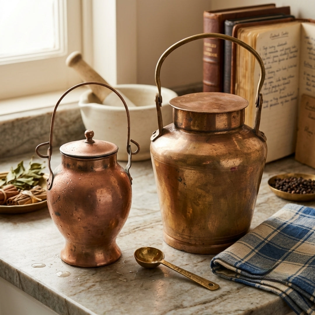 Antique Brass Jar Storage Box Set | Traditional Handled Kitchen Canister Pair | Made in 1971
