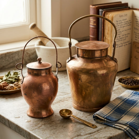 Antique Brass Jar Storage Box Set | Traditional Handled Kitchen Canister Pair | Made in 1971