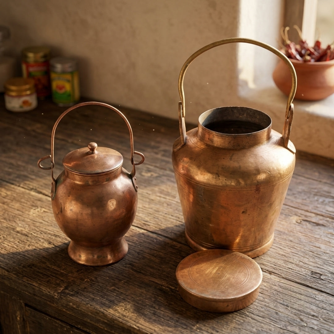 Antique Brass Jar Storage Box Set | Traditional Handled Kitchen Canister Pair | Made in 1971