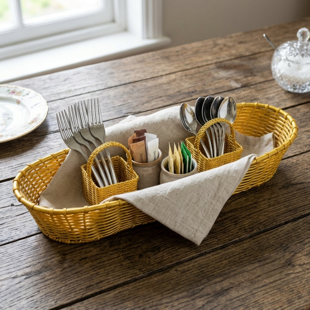 Antique Brass Woven Basket Set | Traditional Organizer Basket with Dual Inner Baskets | Made in 1976