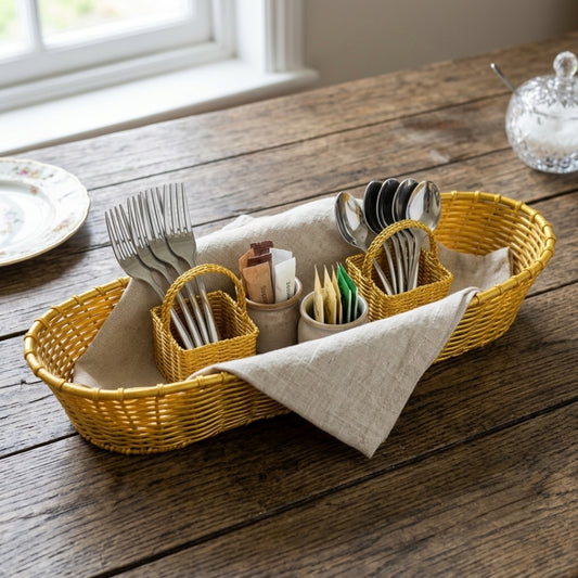 Antique Brass Woven Basket Set | Traditional Organizer Basket with Dual Inner Baskets | Made in 1976