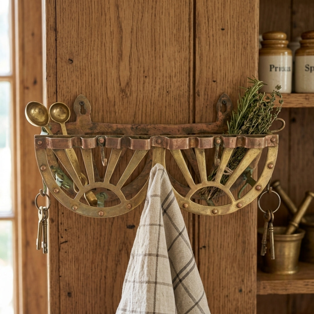 Antique Brass Key Holder and Utensils Rack | Traditional Wall-Mounted Storage Organizer | 1971