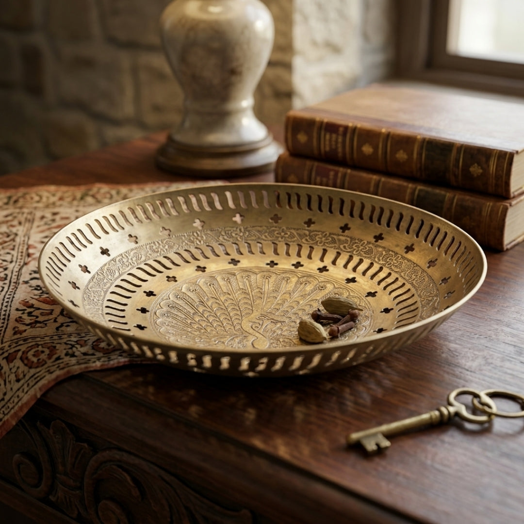 Antique Brass Engraved Peacock Decorative Bowl | Traditional Chased Fruit and Display Platter | Made in 1972