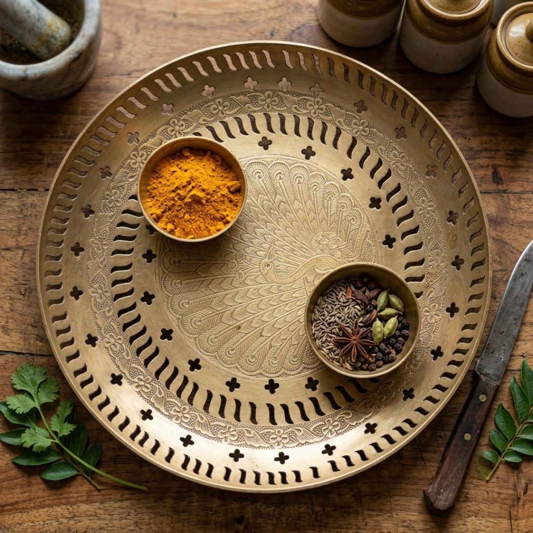 Antique Brass Engraved Peacock Decorative Bowl | Traditional Chased Fruit and Display Platter | Made in 1972