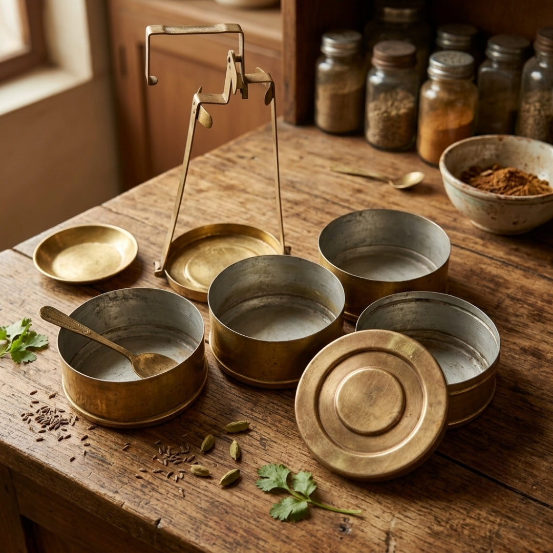 Antique Brass Tiffin Box | Traditional Stackable Multi-Tier Meal Carrier | Made in 1979