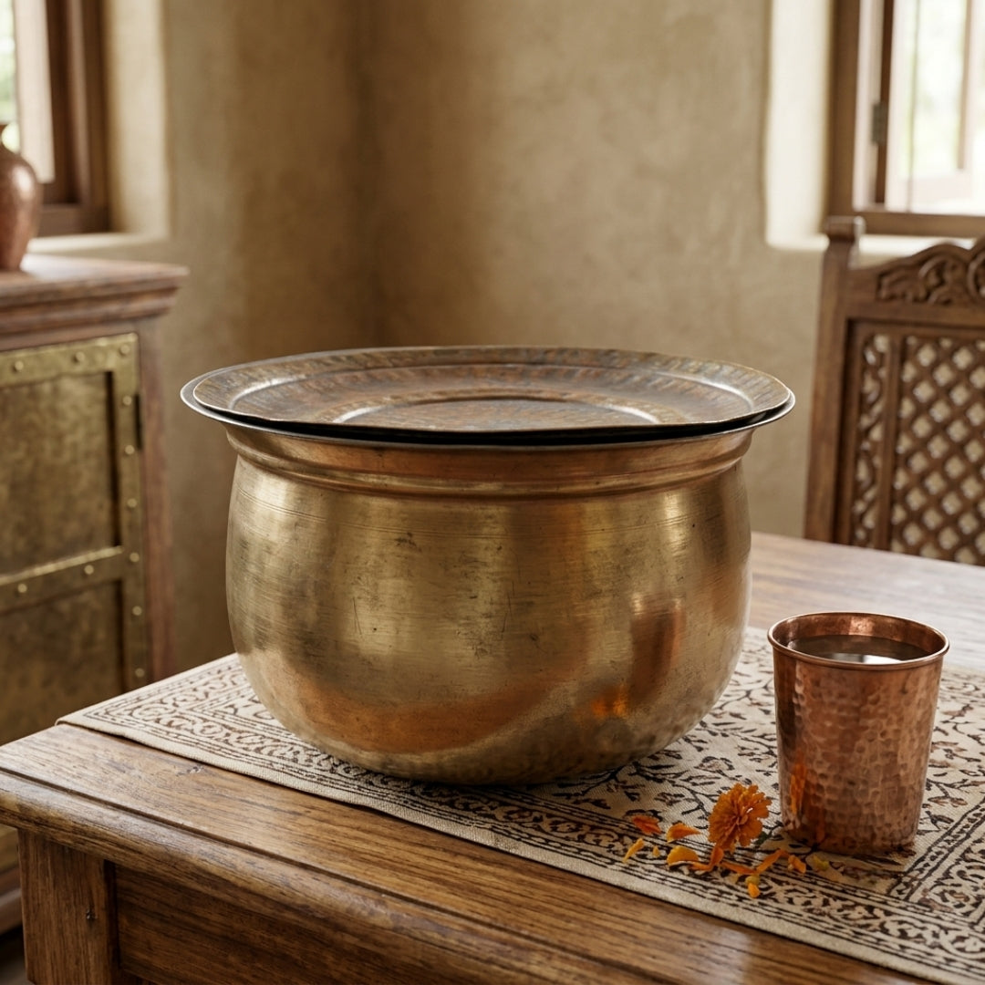 Antique Brass Bowl | Traditional Covered Storage and Serving Vessel | Made in 1978