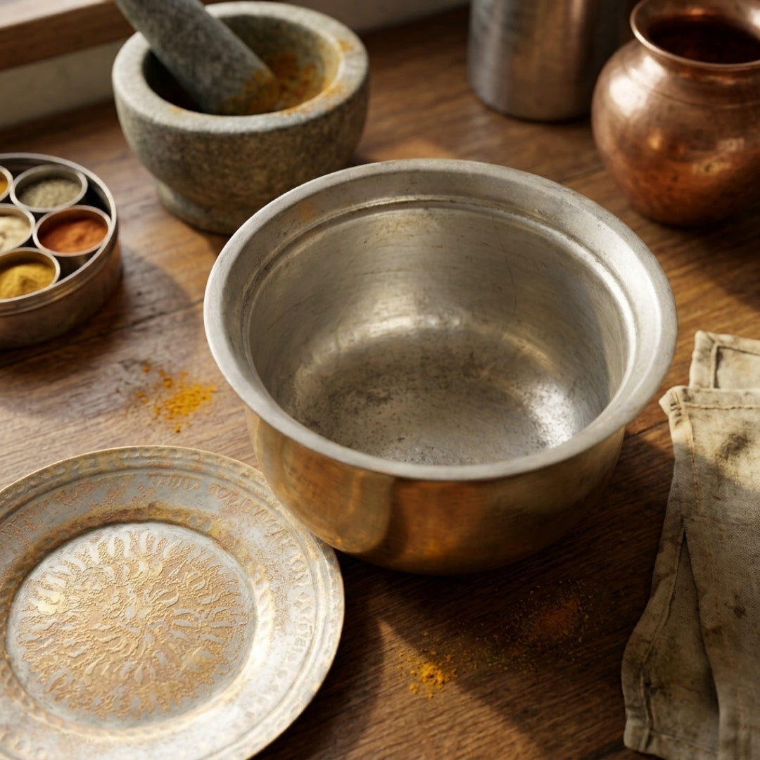 Antique Brass Bowl | Traditional Covered Storage and Serving Vessel | Made in 1978