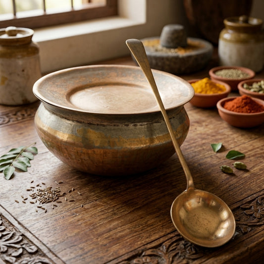 Antique Brass Cooking Deg with Ladle 3L | Traditional Heavy Culinary Pot and Serving Spoon Set | Made in 1973 - Bombay Antiques