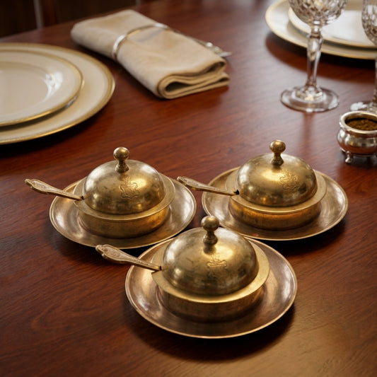 Antique Brass Dessert Set of 3 | Traditional Covered Bowl and Saucer Collection | Made in 1972