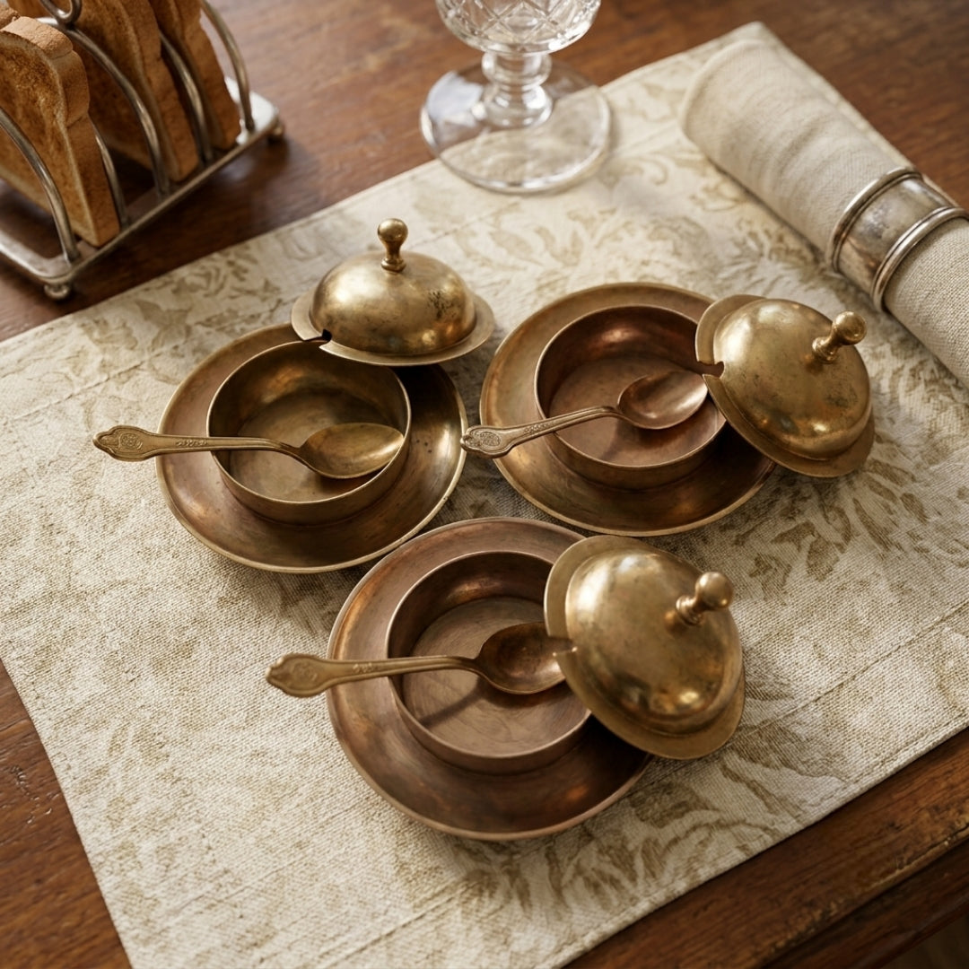 Antique Brass Dessert Set of 3 | Traditional Covered Bowl and Saucer Collection | Made in 1972