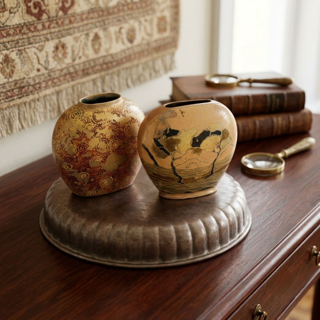 Antique Brass Decorative Vases In-Pair | Traditional Enamel-Finished Floral and Landscape Vessel Pair | Made in 1960
