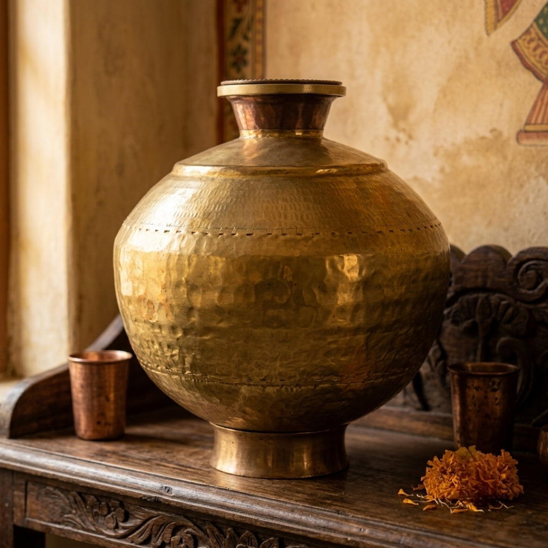 Antique Brass Water Pot Matka with Stand and Lid | Large Hammered Storage Vessel Set | Made in 1971