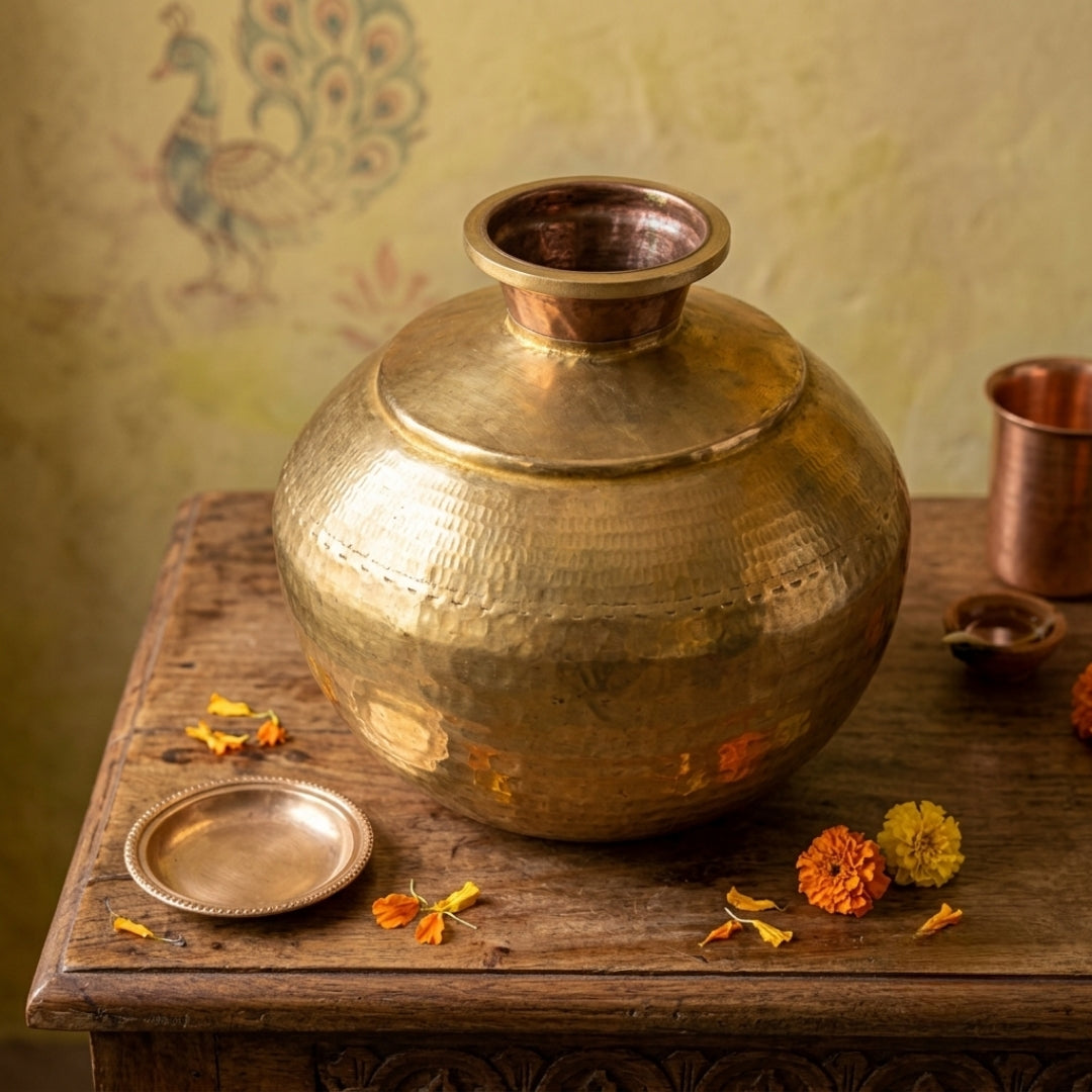 Antique Brass Water Pot Matka with Stand and Lid | Large Hammered Storage Vessel Set | Made in 1971