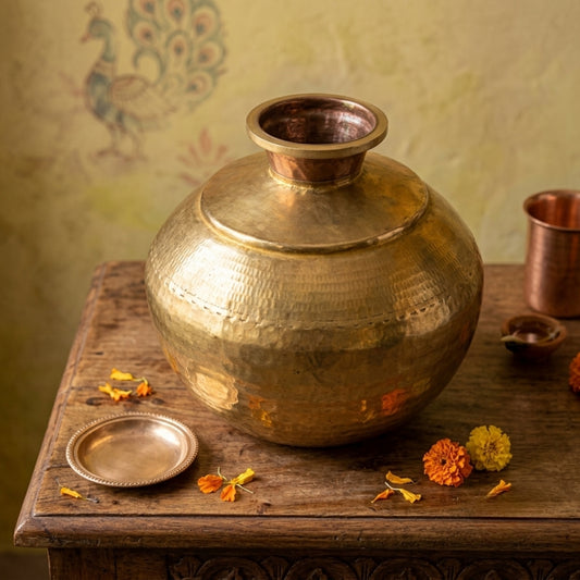 Antique Brass Water Pot Matka with Stand and Lid | Large Hammered Storage Vessel Set | Made in 1971