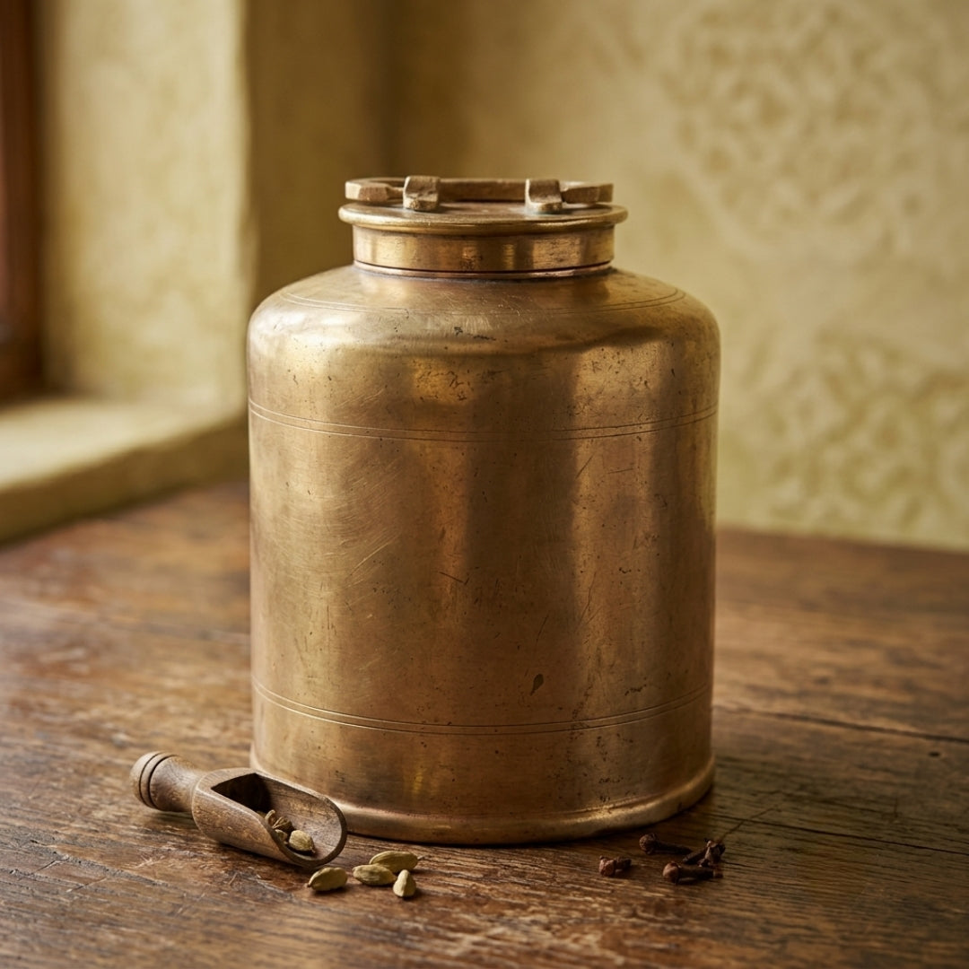 Antique Brass Barni | Cylindrical Canister Storage Vessel with Locking Lid | Made in 1978