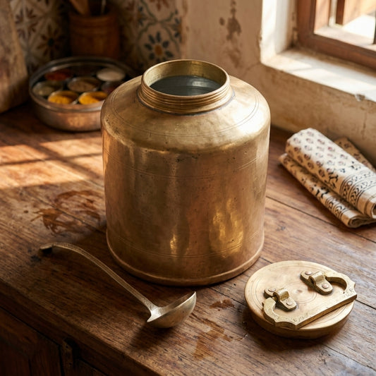 Antique Brass Barni | Cylindrical Canister Storage Vessel with Locking Lid | Made in 1978 - Bombay Antiques