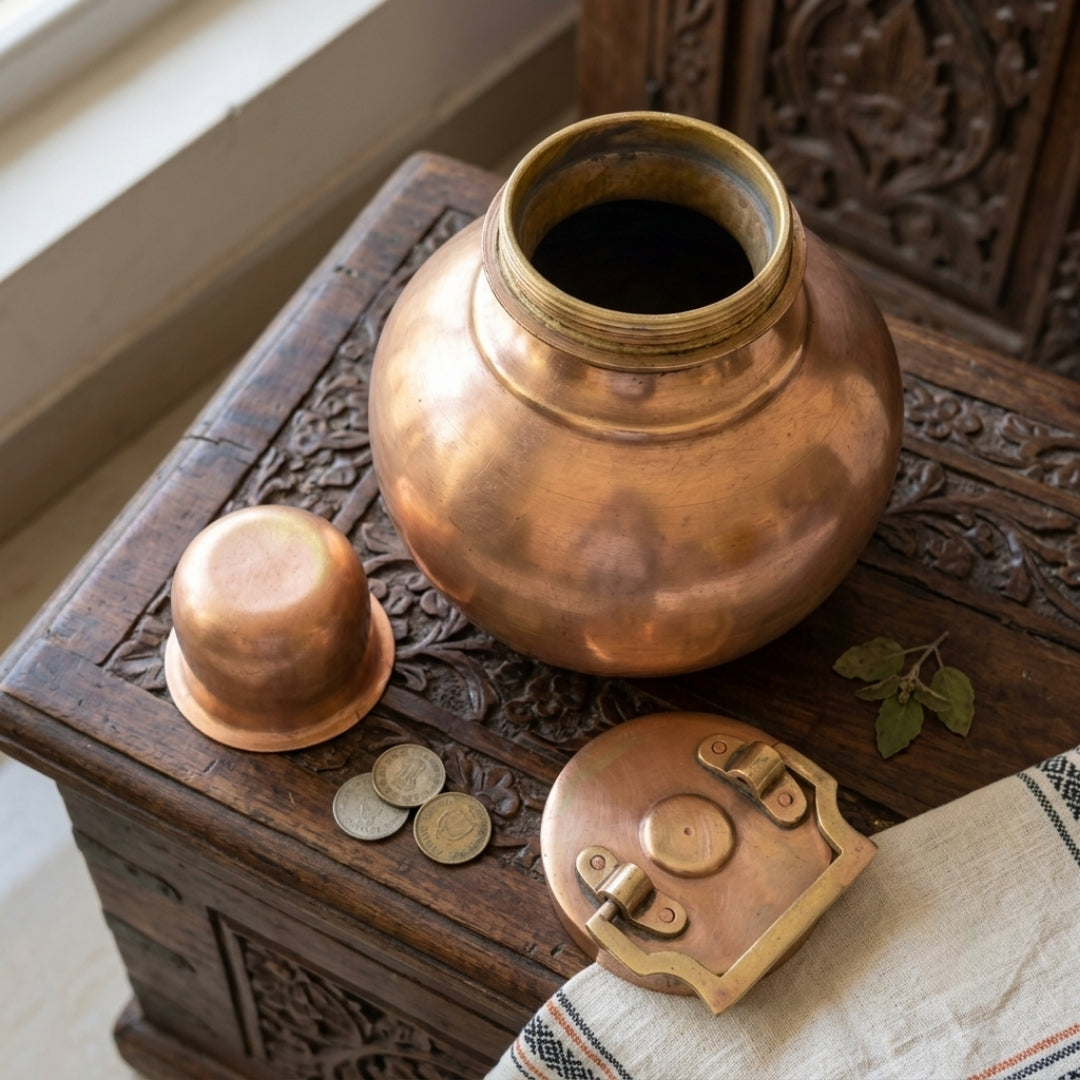 Antique Brass Kamandal / Gangajal with Payla | Large Capacity Ritual Pot and Cover Set | Made in 1978