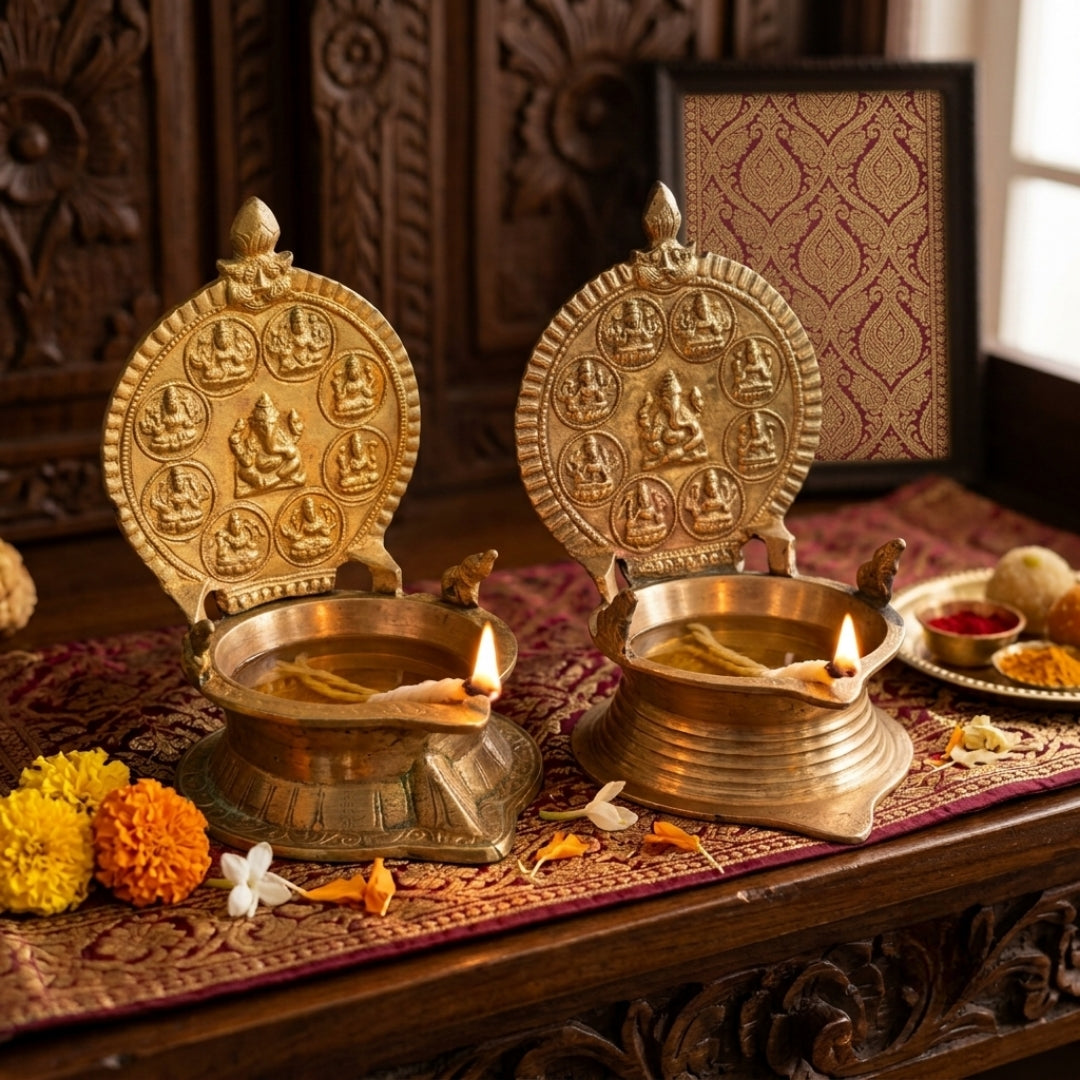 Antique Brass Diya In-Pair | Backplate Deity Oil Lamp Set | Made in 1980