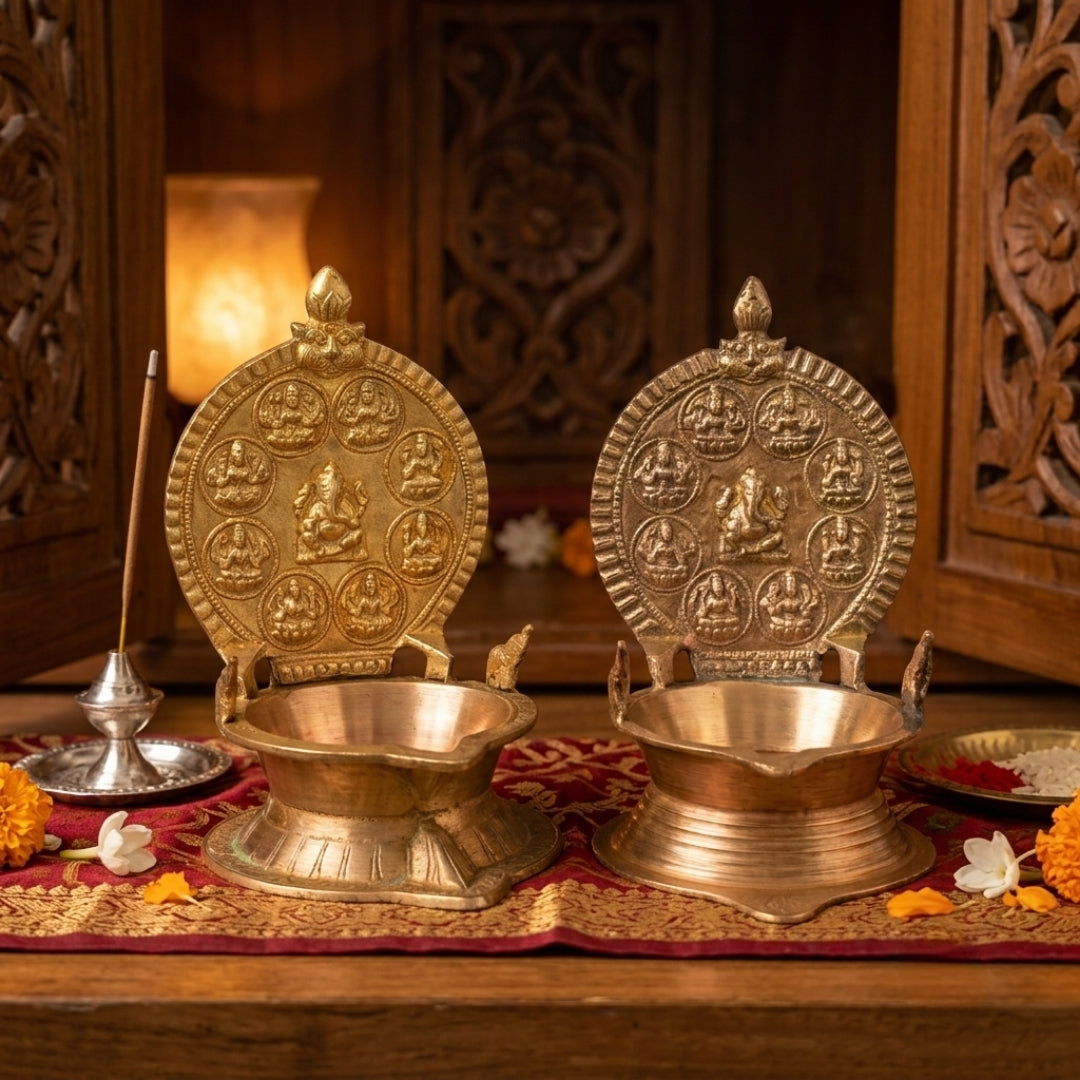 Antique Brass Diya In-Pair | Backplate Deity Oil Lamp Set | Made in 1980
