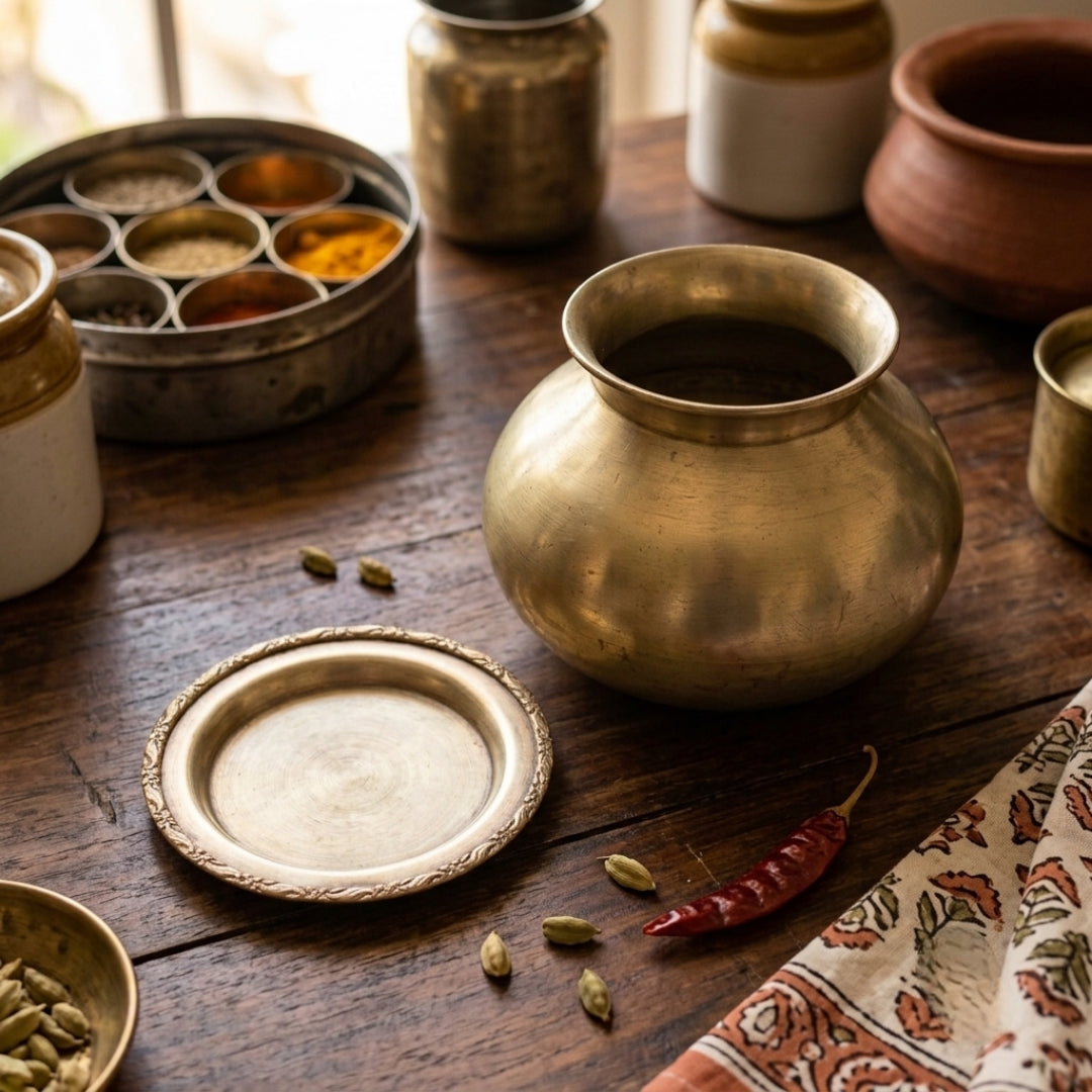 Antique Brass Kalash with Lid | Traditional Round Ritual Pot and Cover Set | Made in 1979