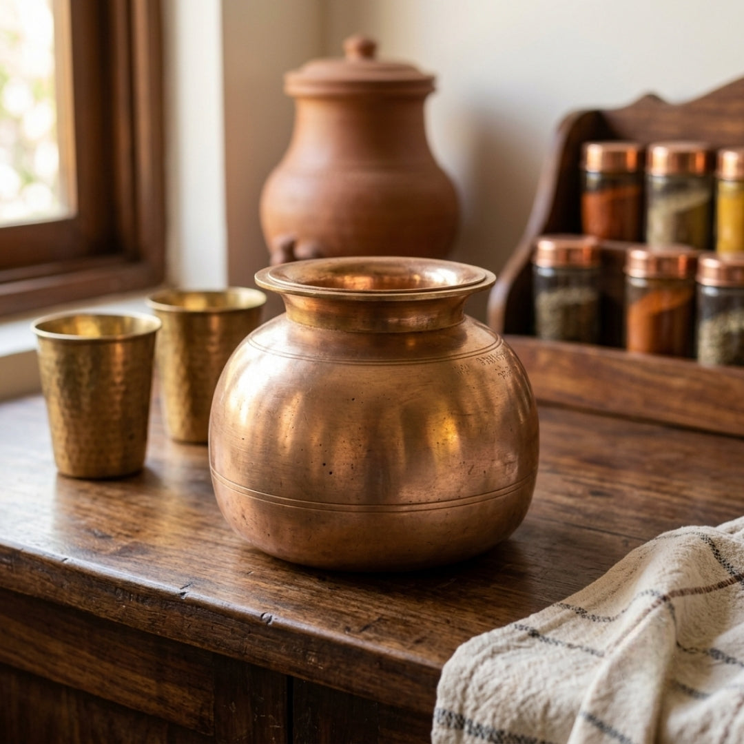 Antique Brass Kalash with Pyala | Traditional Ritual Pot and Cup Set | Made in 1978