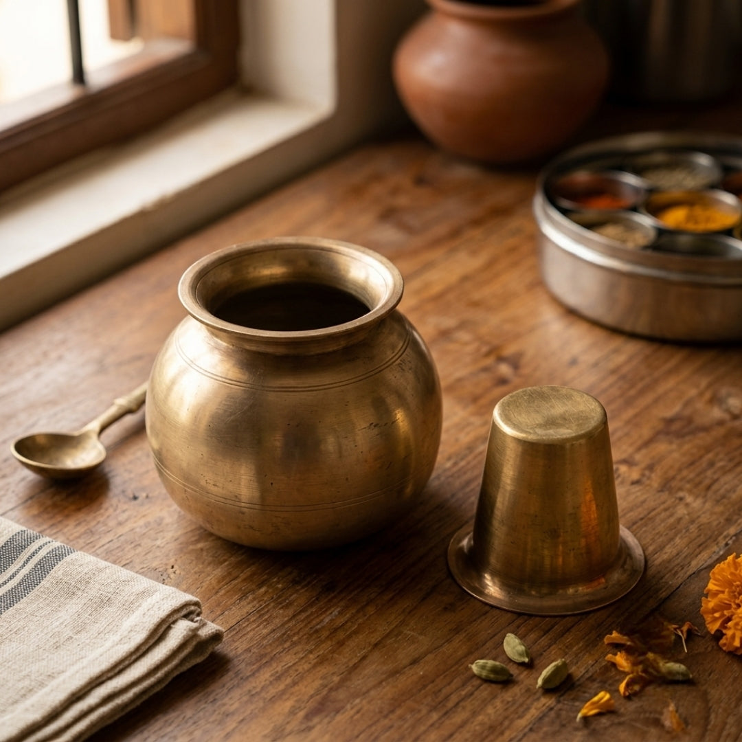 Antique Brass Kalash with Pyala | Traditional Ritual Pot and Cup Set | Made in 1978