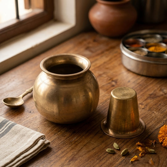Antique Brass Kalash with Pyala | Traditional Ritual Pot and Cup Set | Made in 1978 - Bombay Antiques