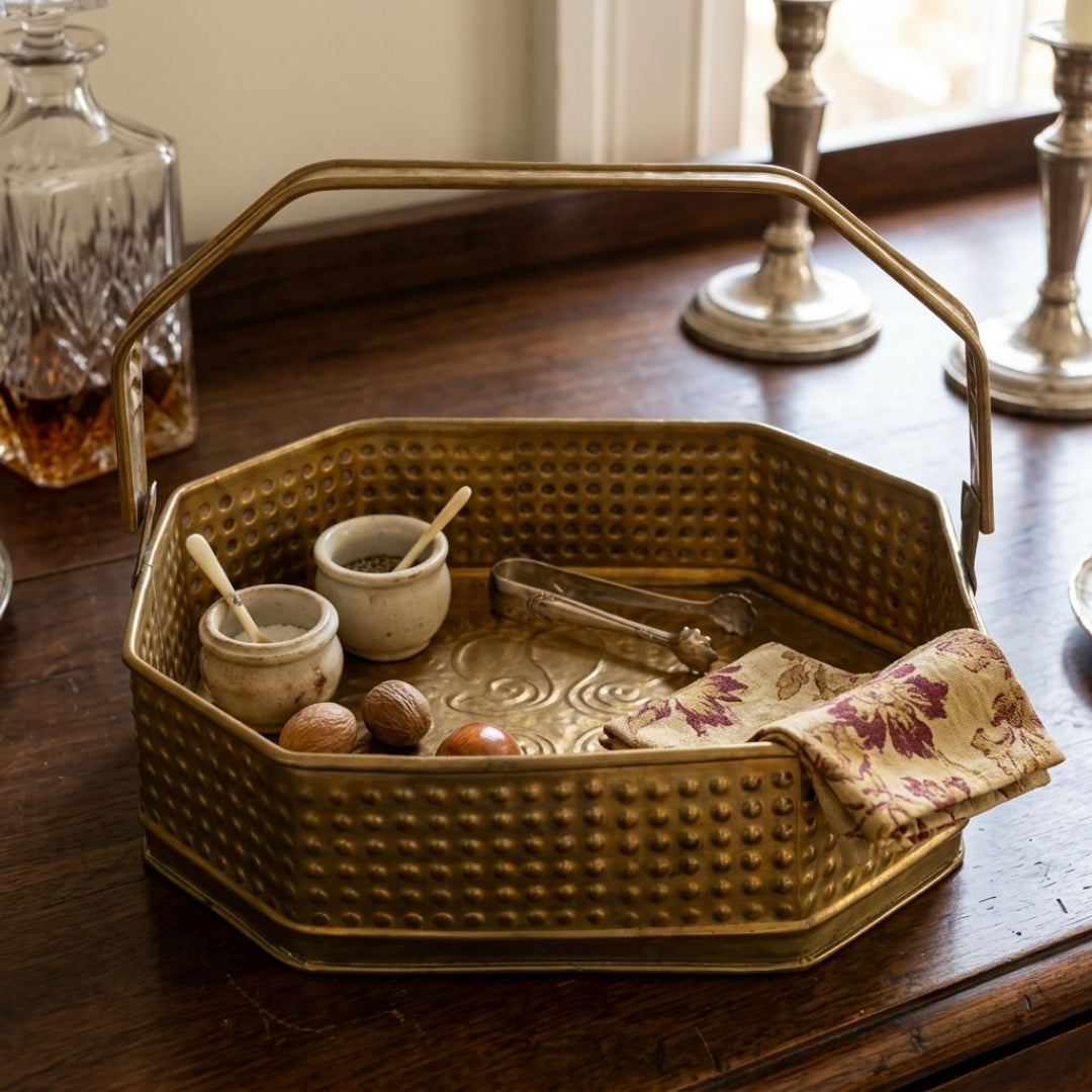 Antique Brass Basket with Handle | Traditional Hexagonal Pierced Display Basket | Made in 1974