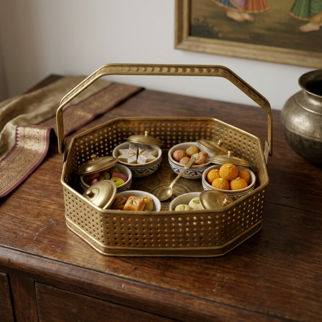Antique Brass Basket with Handle | Traditional Hexagonal Pierced Display Basket | Made in 1974