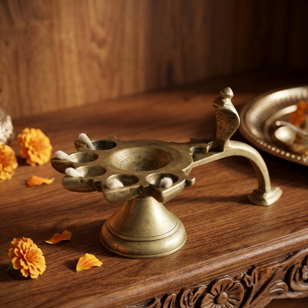 Antique Brass Snake Diya | Traditional Multi-Wick Ritual Oil Lamp with Cobra Motif | Made in 1972