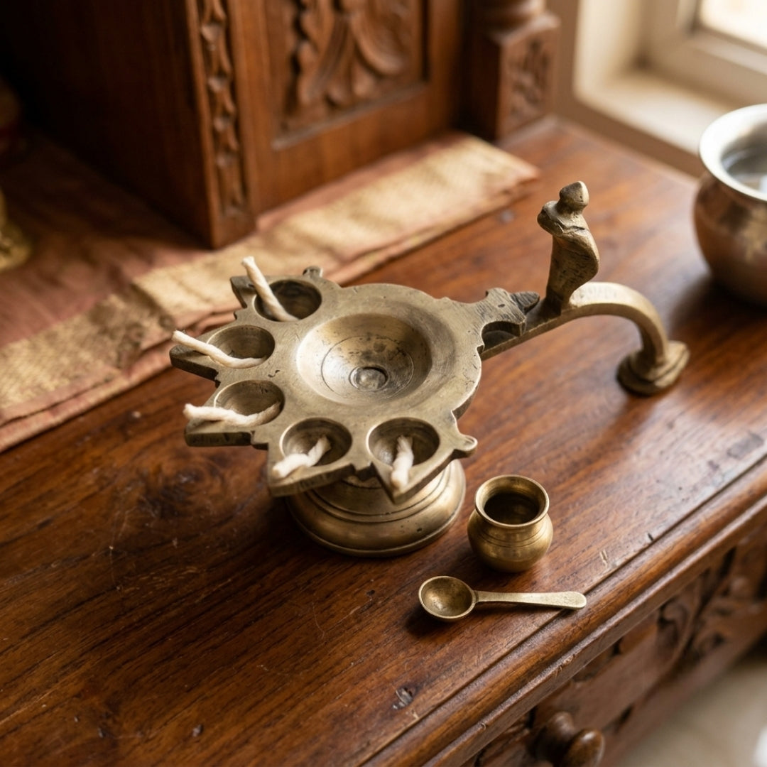 Antique Brass Snake Diya | Traditional Multi-Wick Ritual Oil Lamp with Cobra Motif | Made in 1972