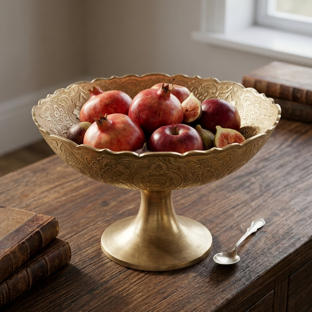 Antique Brass Engraved Pedestal Bowl | Traditional Scalloped Fruit and Display Bowl | Made in 1970