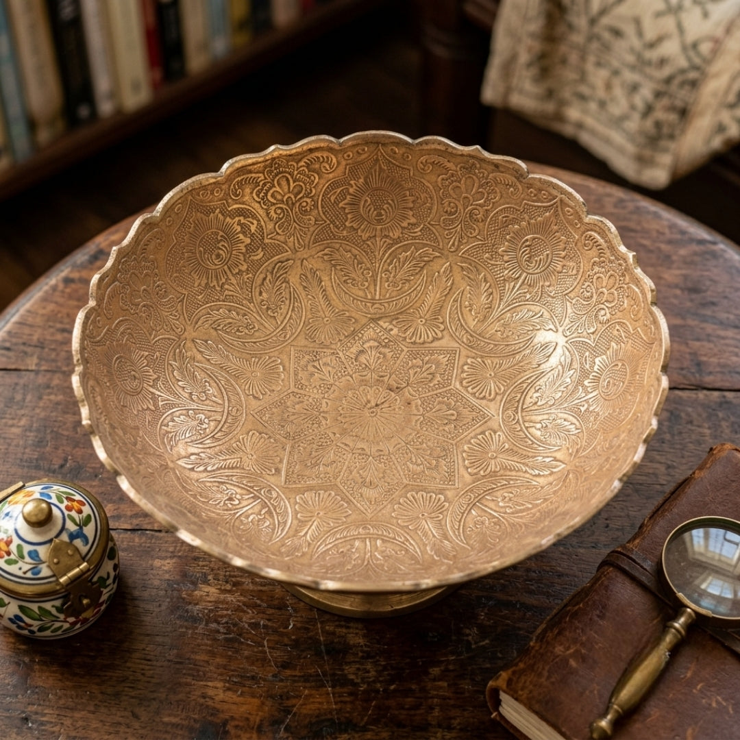 Antique Brass Engraved Pedestal Bowl | Traditional Scalloped Fruit and Display Bowl | Made in 1970