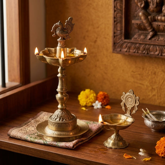 Antique Brass Peacock Samay with Diya Set | Pedestal Oil Lamp and Single Light Pair | Made in 1981