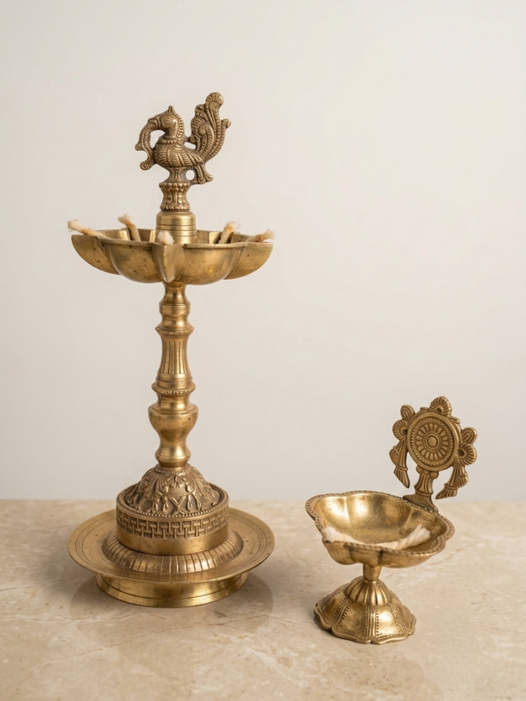 Antique Brass Peacock Samay with Diya Set | Pedestal Oil Lamp and Single Light Pair | Made in 1981