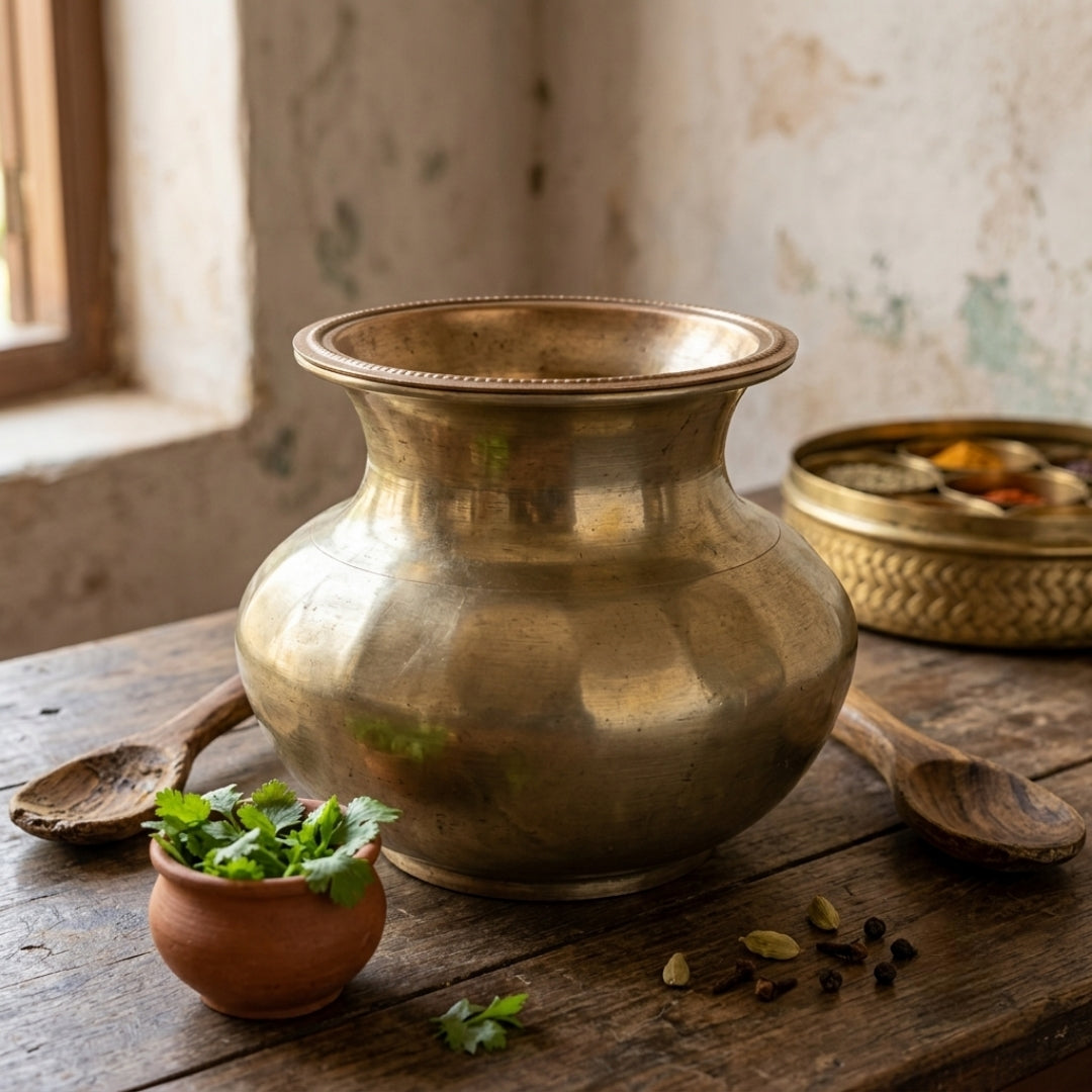 Antique Brass Kalash with Lid | Round Ritual Pot and Cover Set | Made in 1975