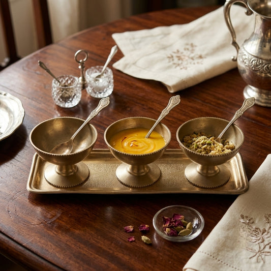 Antique Brass Dessert Set of 3 with Serving Tray | Pedestal Bowl and Rectangular Platter Collection | Made in 1971