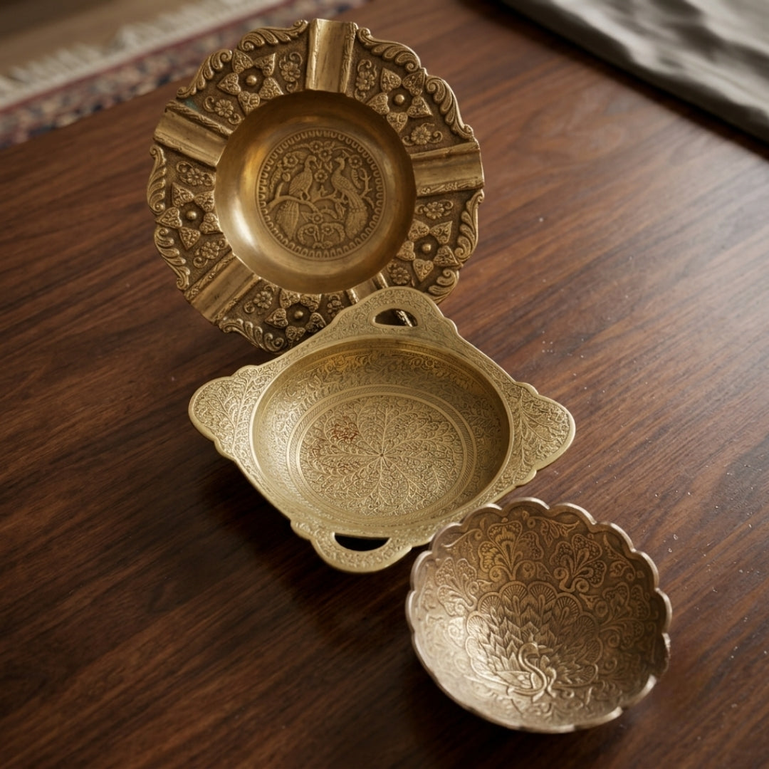 Antique Brass Plates and Small Bowl Set | Decorative Trays and Bowl Collection | Made in 1972
