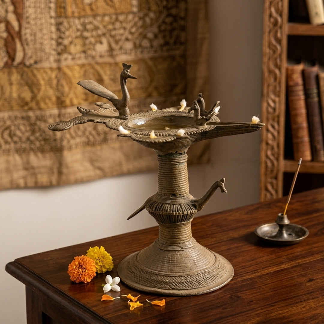 Antique Brass Peacock Diya | Ceremonial Oil Lamp Stand | Made in 1968
