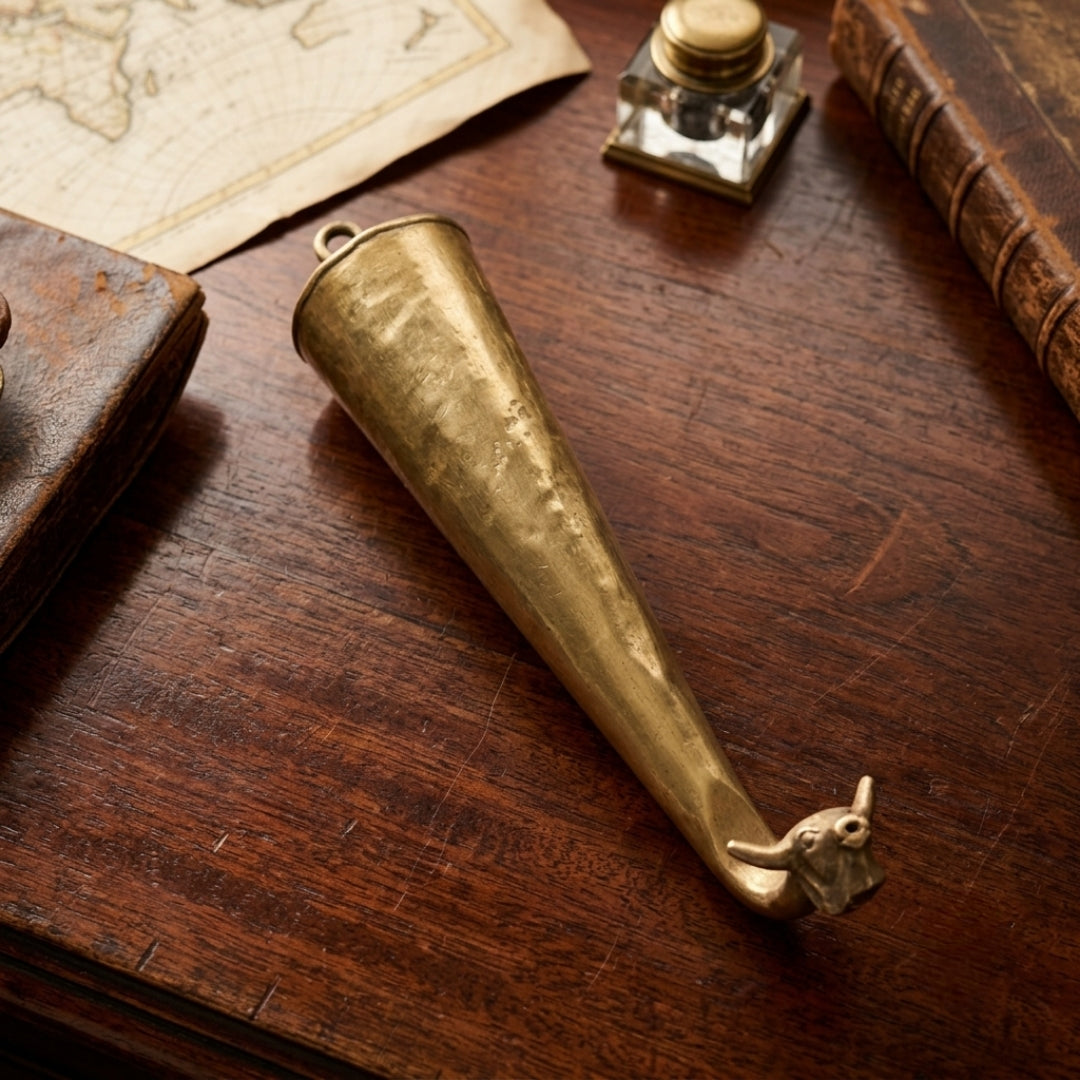Antique Brass Powder Horn | Antique Animal Head Flask | Made in 1971