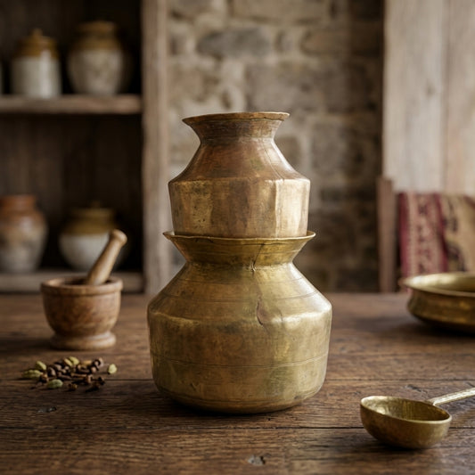 Antique Brass Small Kalash Pair | Traditional Ritual Pot Set | Made in 1972