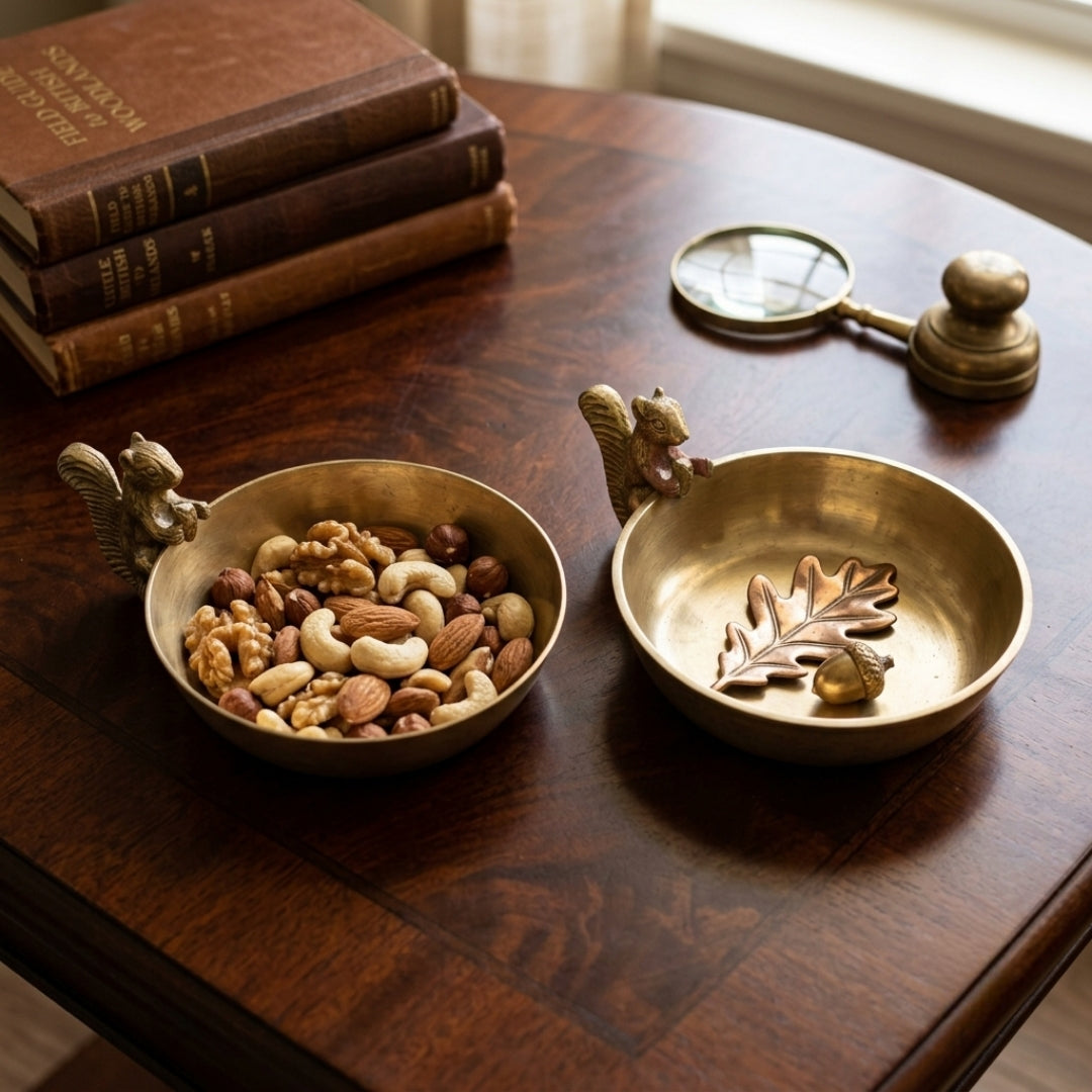 Antique Brass Squirrel Bowls | Decorative Nut Bowl Pair | Made in 1976