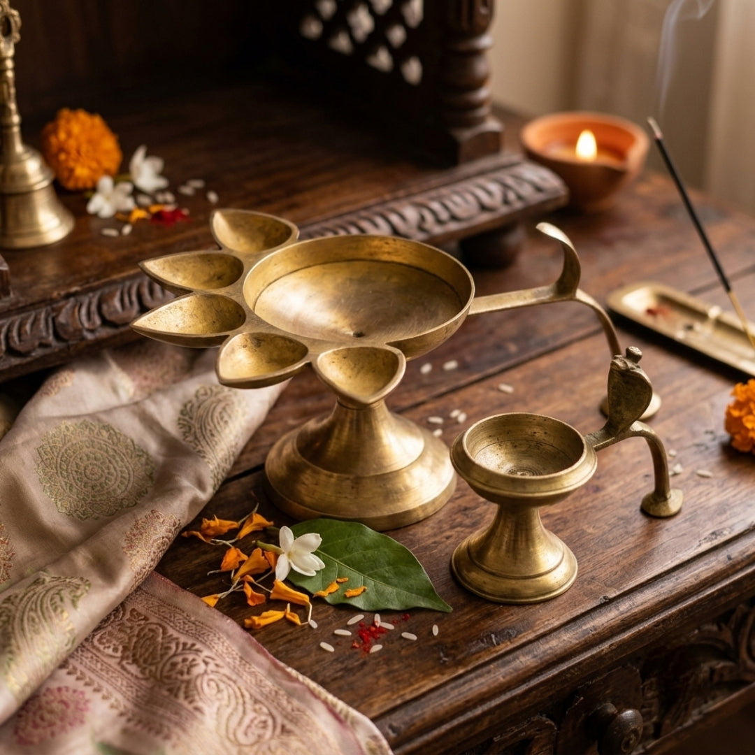 Antique Brass Diya in Pair | Traditional Ritual Oil Lamp Set | Made in 1981