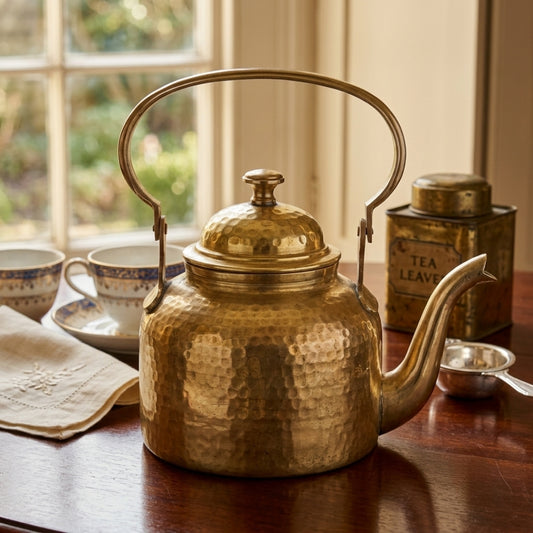 Antique Brass Tea Kettle with Glass | Traditional Beverage Vessel Set | Made in 1974